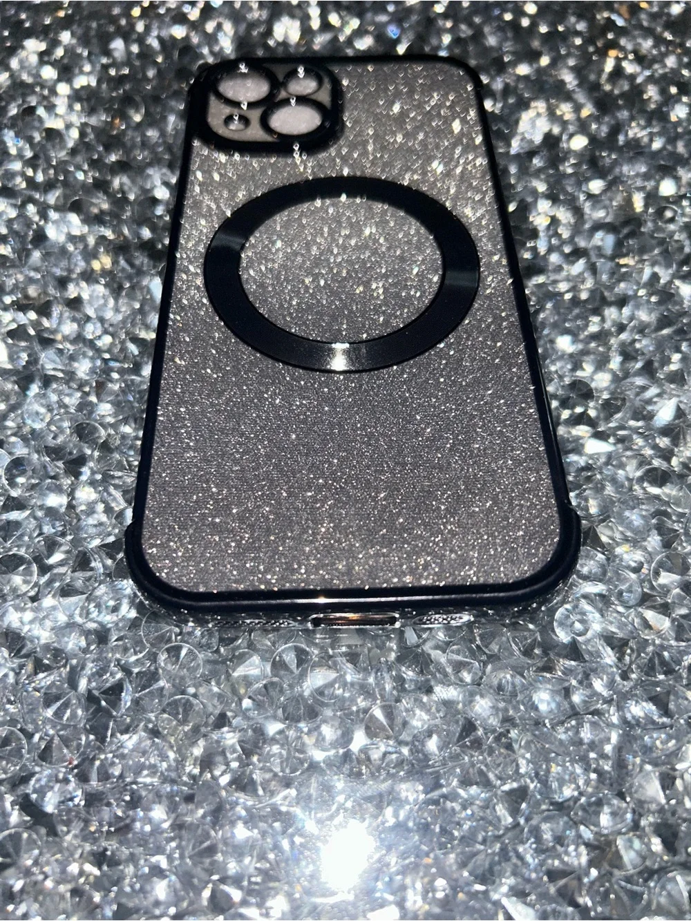 Glitter Silver Magnetic Ring iPhone Case - Clear Black Trim